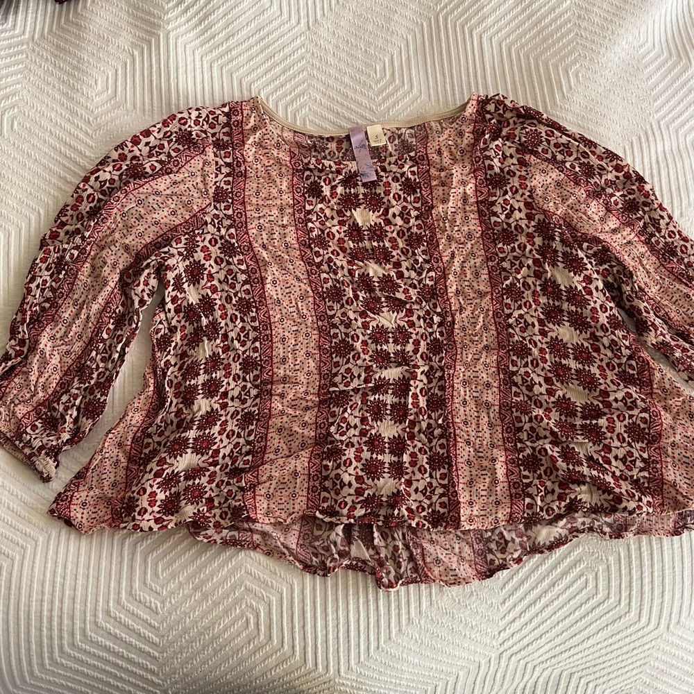 Anthropologie Alga 3/4-Sleeve Bohemian Pink and Beige Floral Blouse